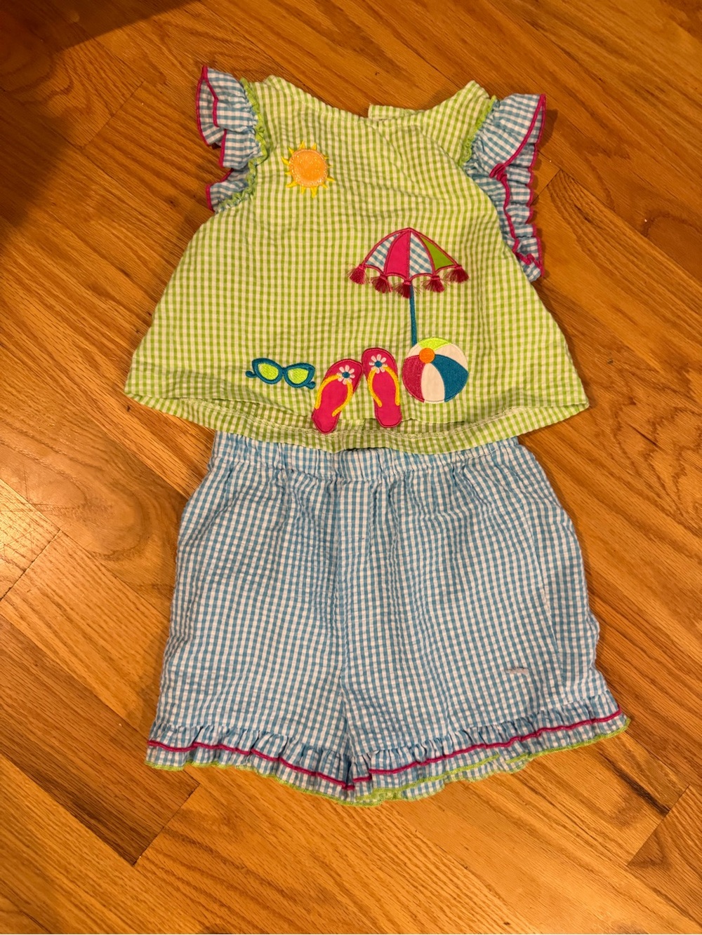Rare Editions Lime Green & Light Blue Gingham Beach Appliqué Set